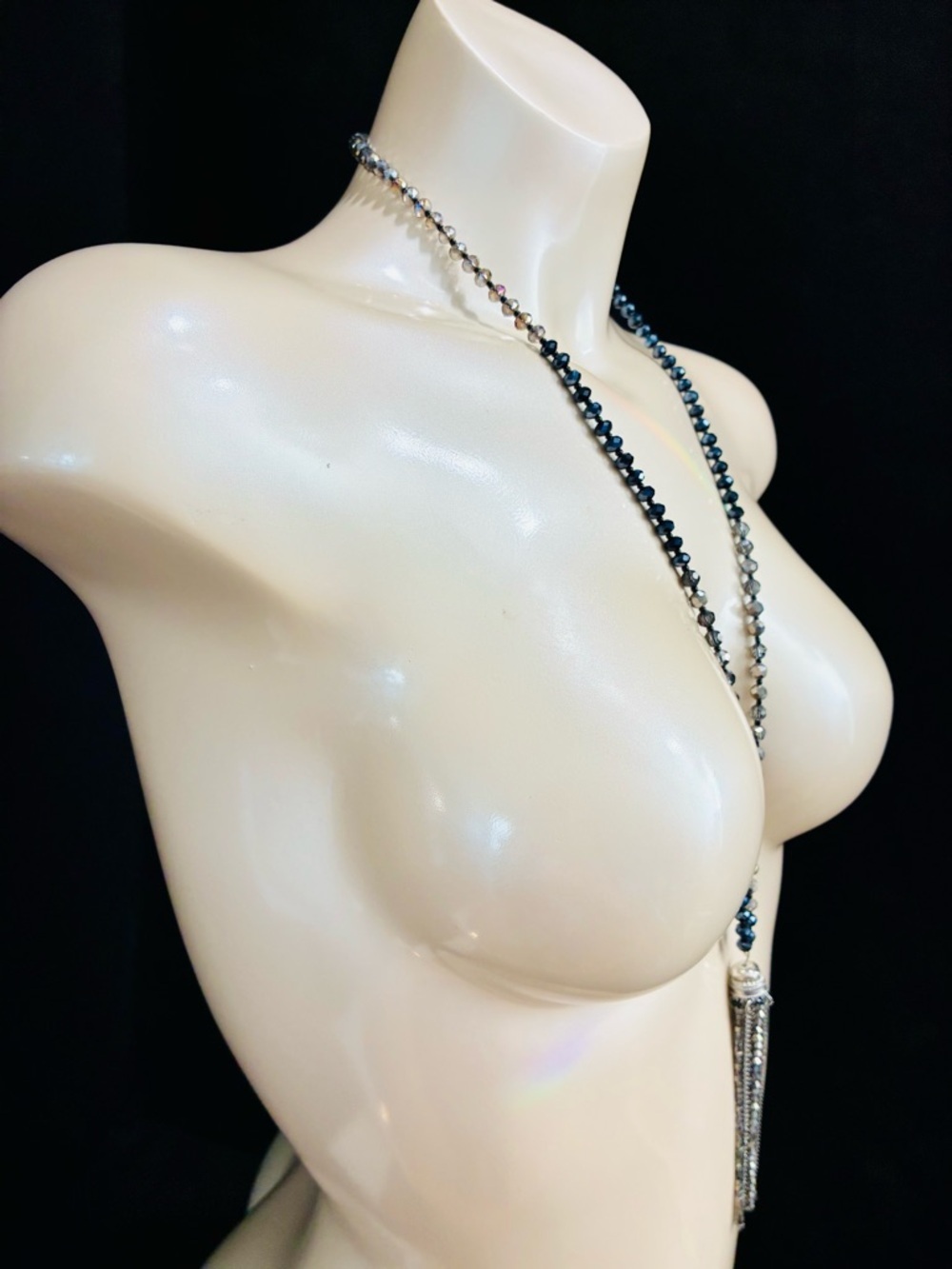 Murano Black and Silver Bead Necklace with Silver Tassel - Picture 5 of 13